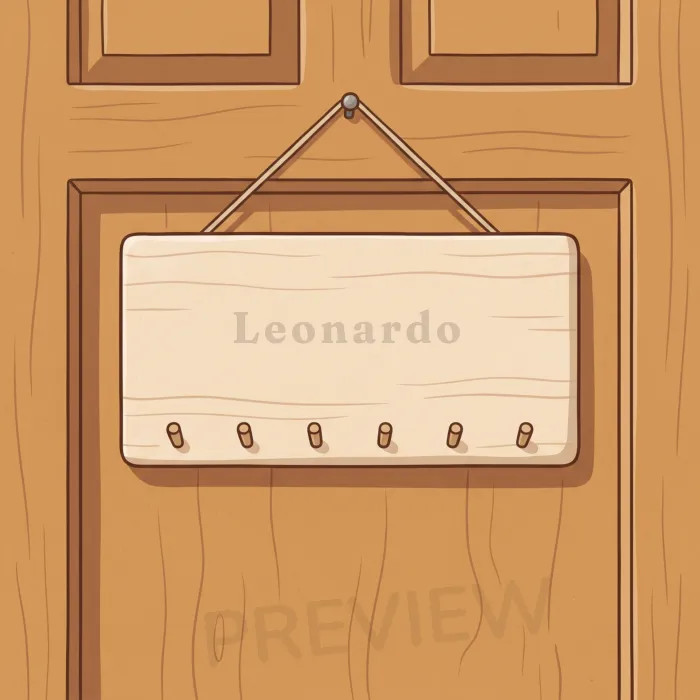 Leonardo on the door plaque, from the book's opening page