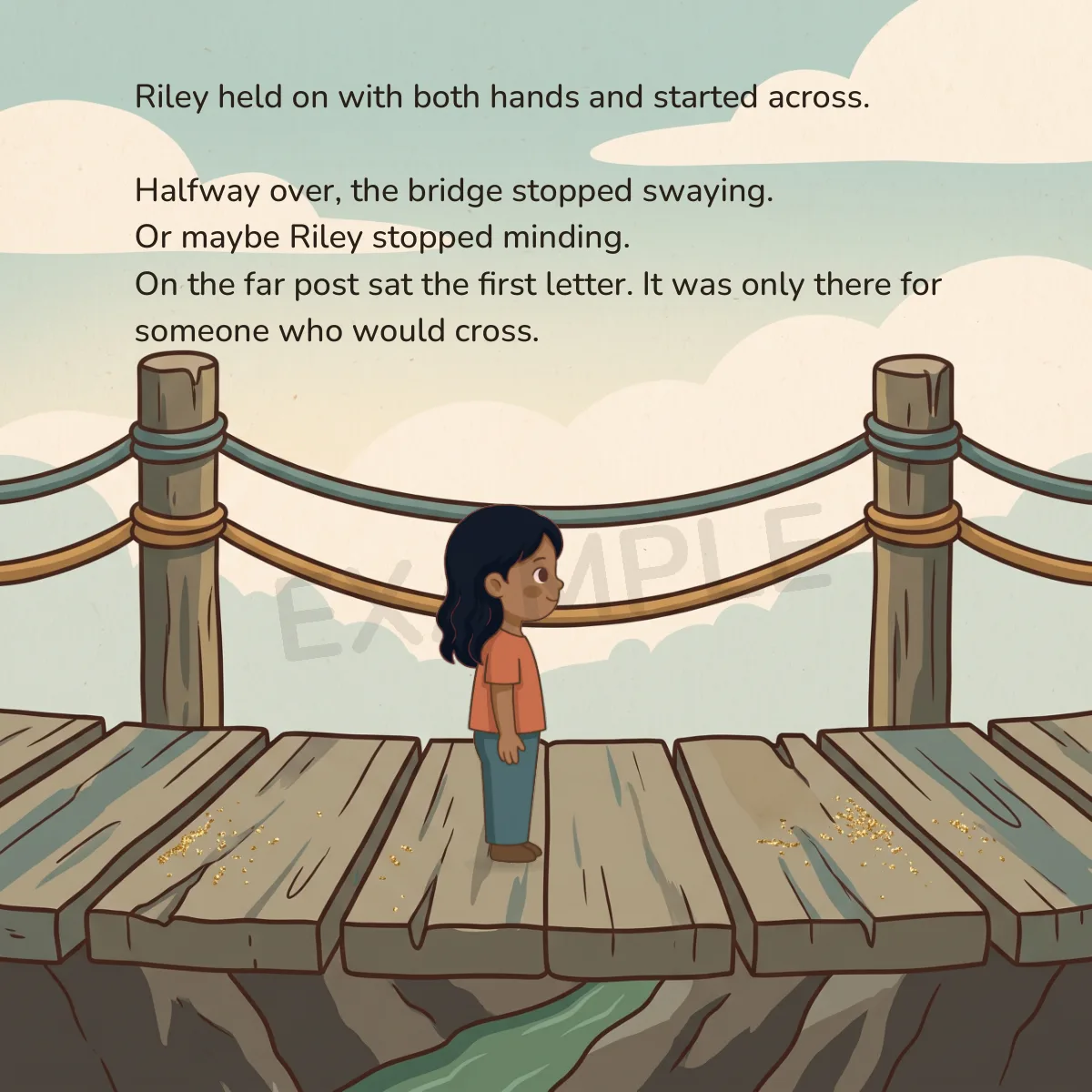A preview spread from inside the book: the child on the footbridge